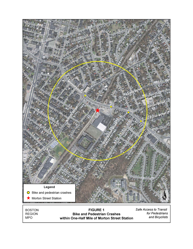 Figure 1 is an aerial photo that shows the locations of bicycle and pedestrian crashes that occurred within one-half mile of Morton Street Station between 2005 and 2009.